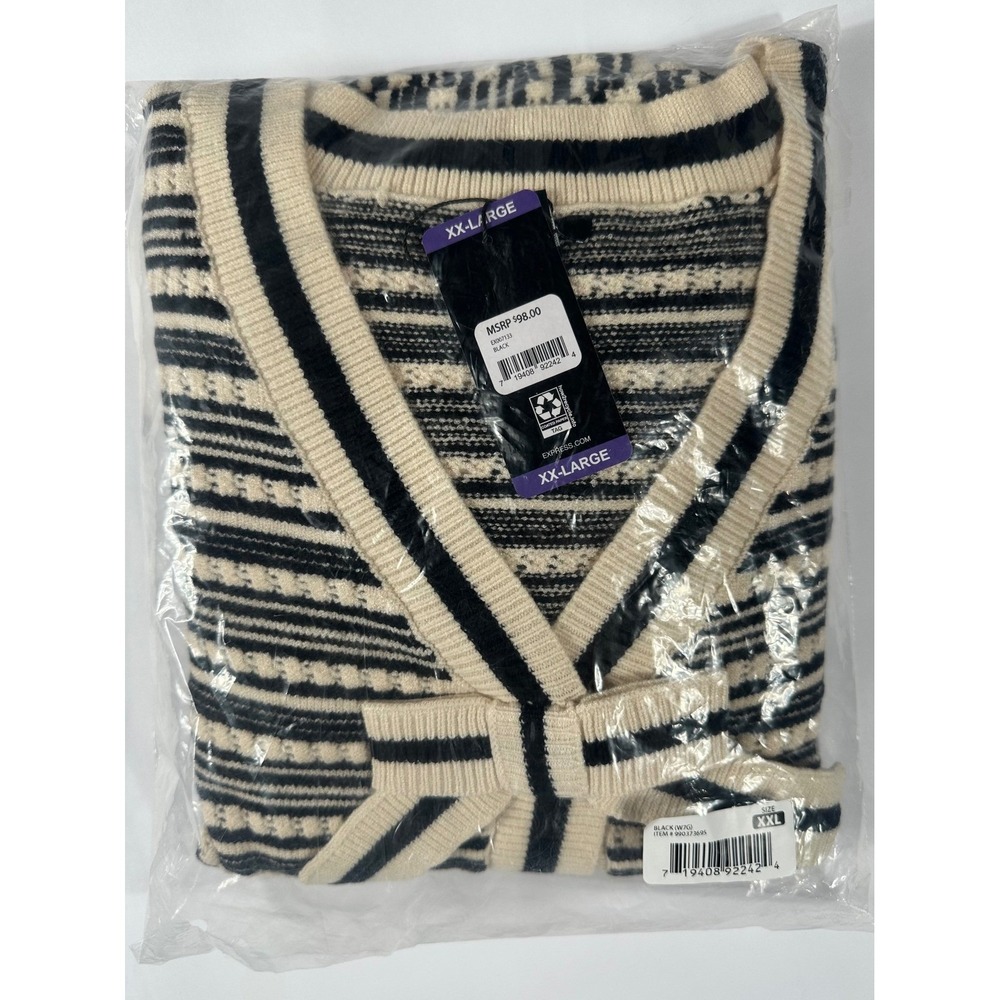 Express Striped Bow Front V-Neck Cardigan Sweater Black Cream XXL NWT